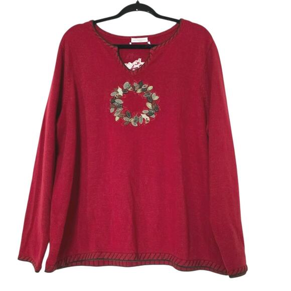 Vintage Embroidered Christmas Sweater Womens XL Red Wreath Holiday Cottage Boho - Picture 1 of 9